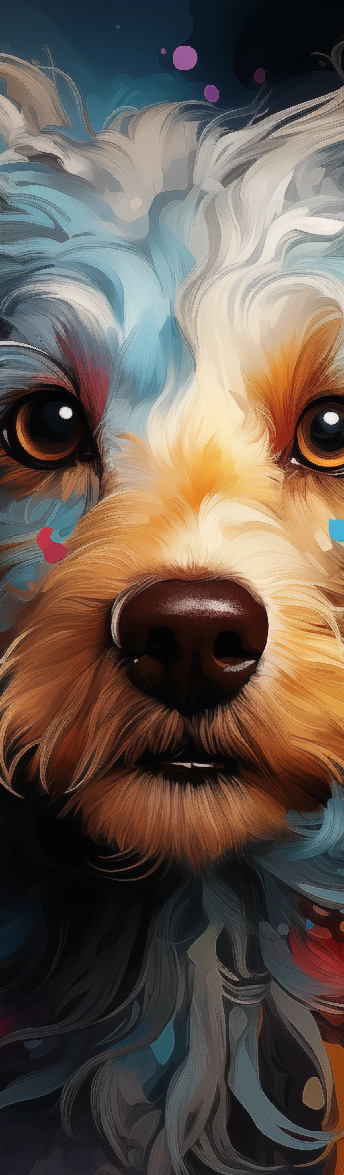 A digitally illustrated dog's head with flowing, colorful fur in shades of red, orange, blue, white, and purple, featuring expressive golden eyes against a dark teal background with scattered paint splashes