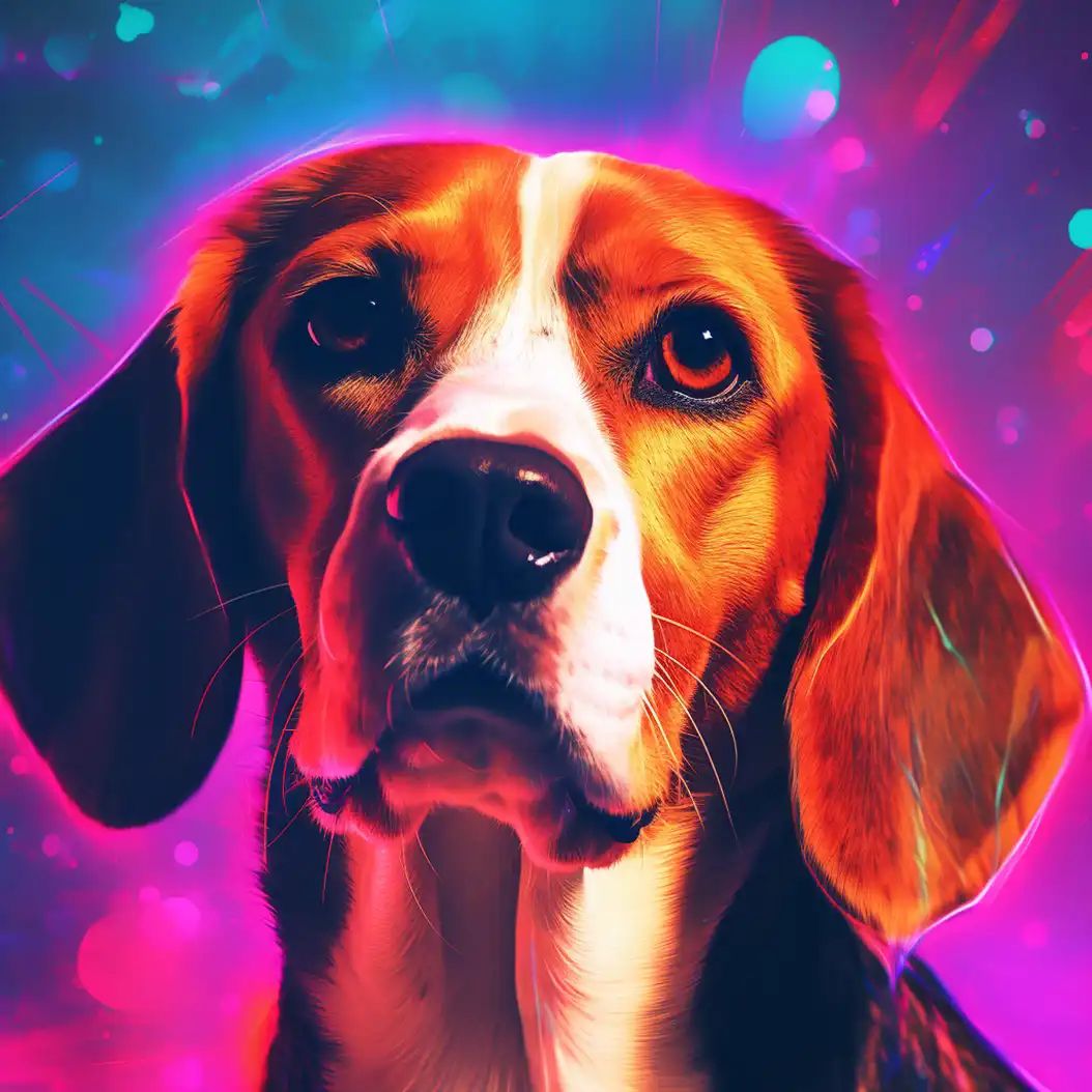 Close-up digital art portrait of a beagle dog with vivid neon pink, purple, and teal colors glowing around its face.