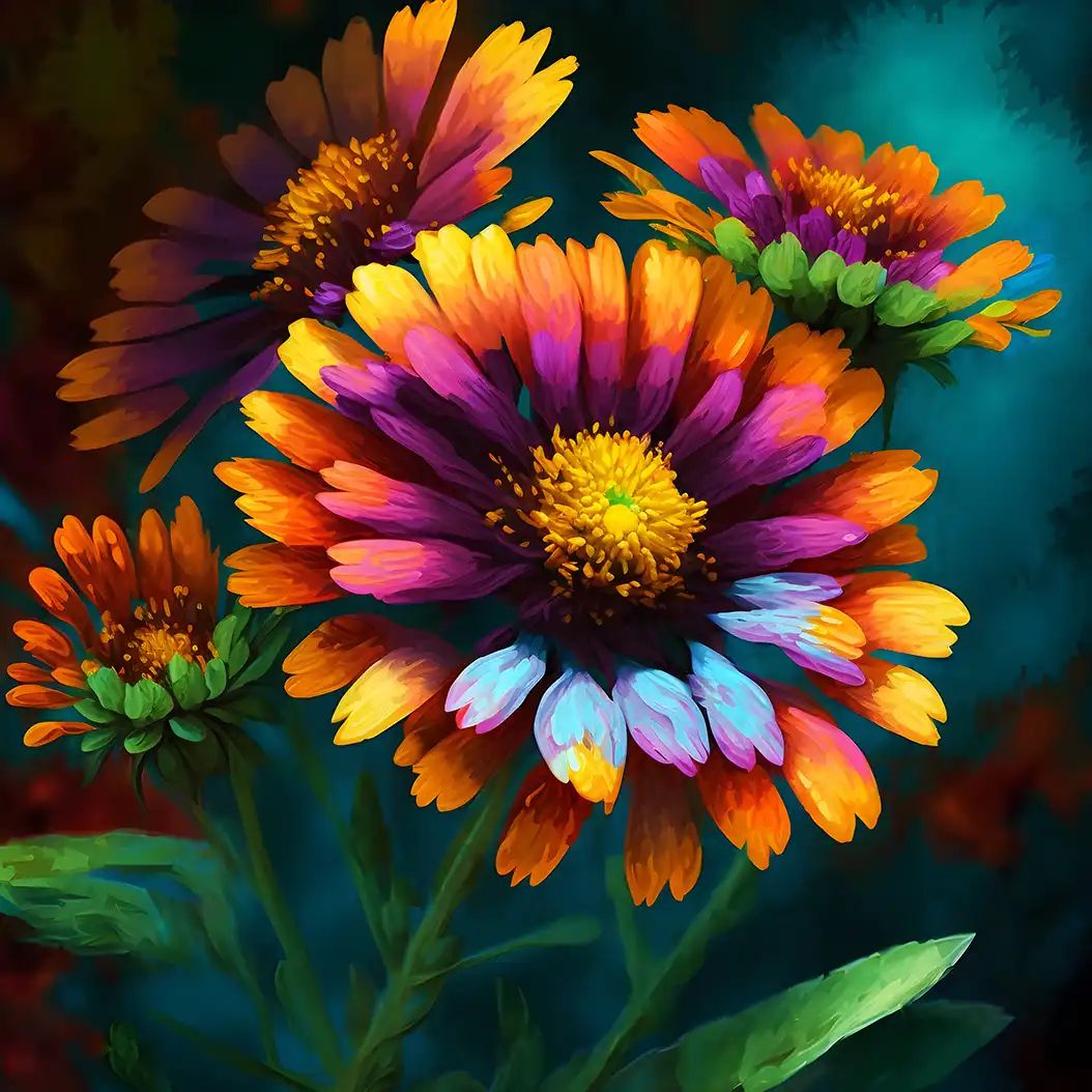Bright blanket flowers in vivid rainbow colors with dramatic floral composition.