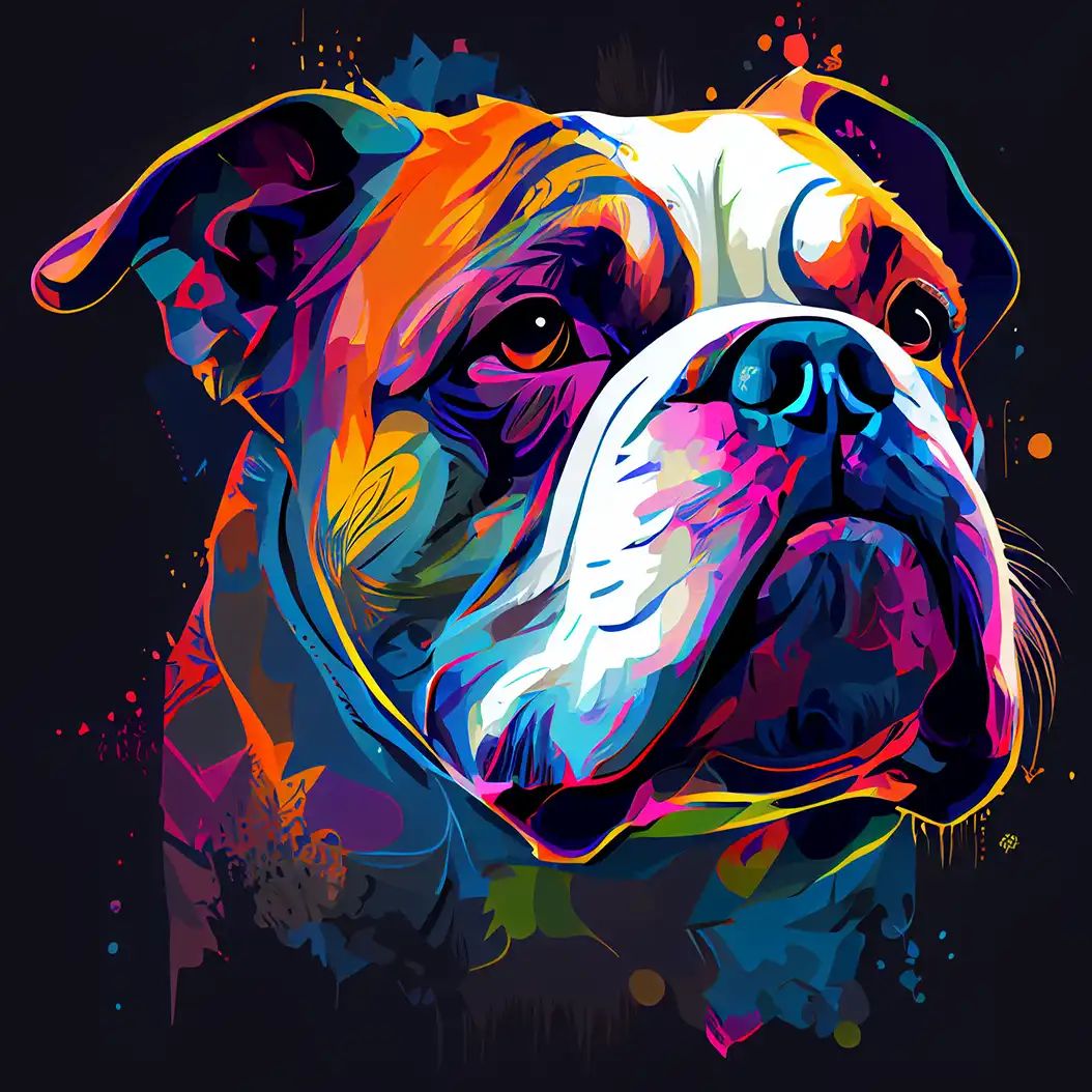Bold colorful bulldog portrait in pop-art vector style with glowing highlights.