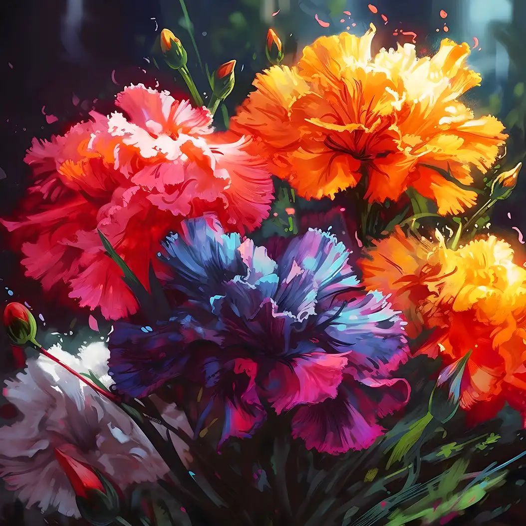 A vibrant digital painting of colorful carnations in orange, pink, blue, and red with ruffled petals and green buds.