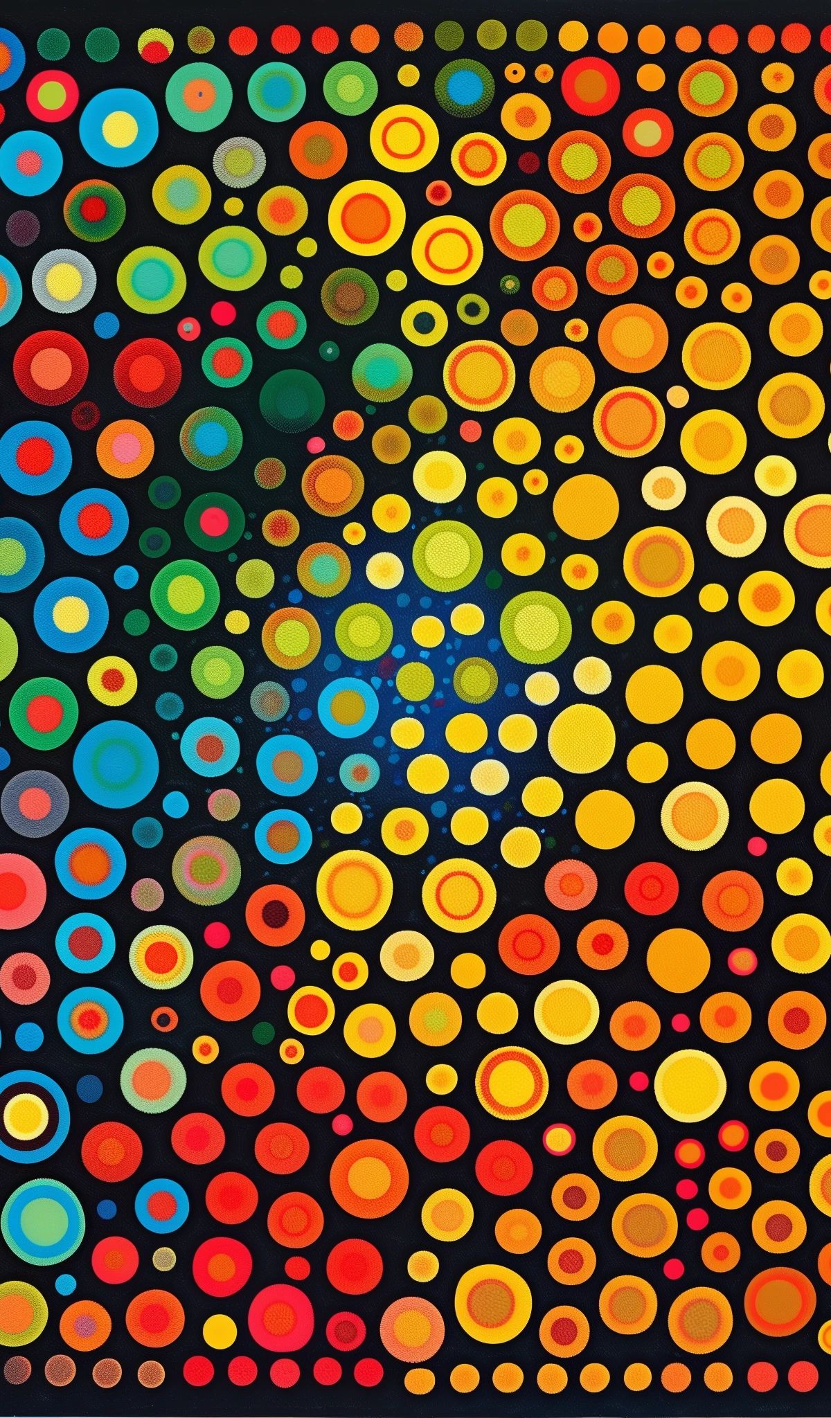 A dark background filled with overlapping circles of varying sizes in a rainbow color gradient, transitioning from blue and green on the left to yellow, orange, and red on the right.