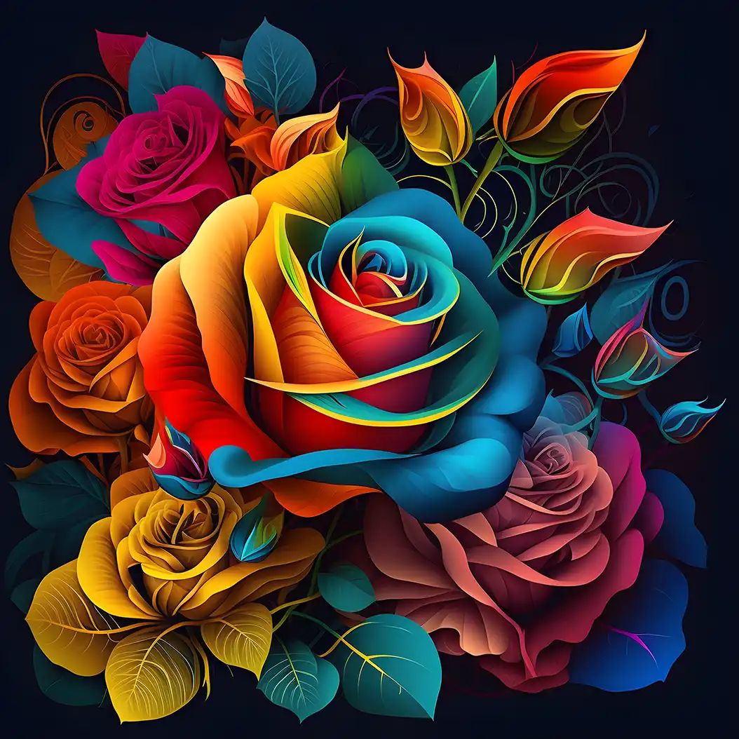 A vivid digital illustration of multicolored roses with neon-like gradients in red, orange, yellow, blue, and pink set against a black background.