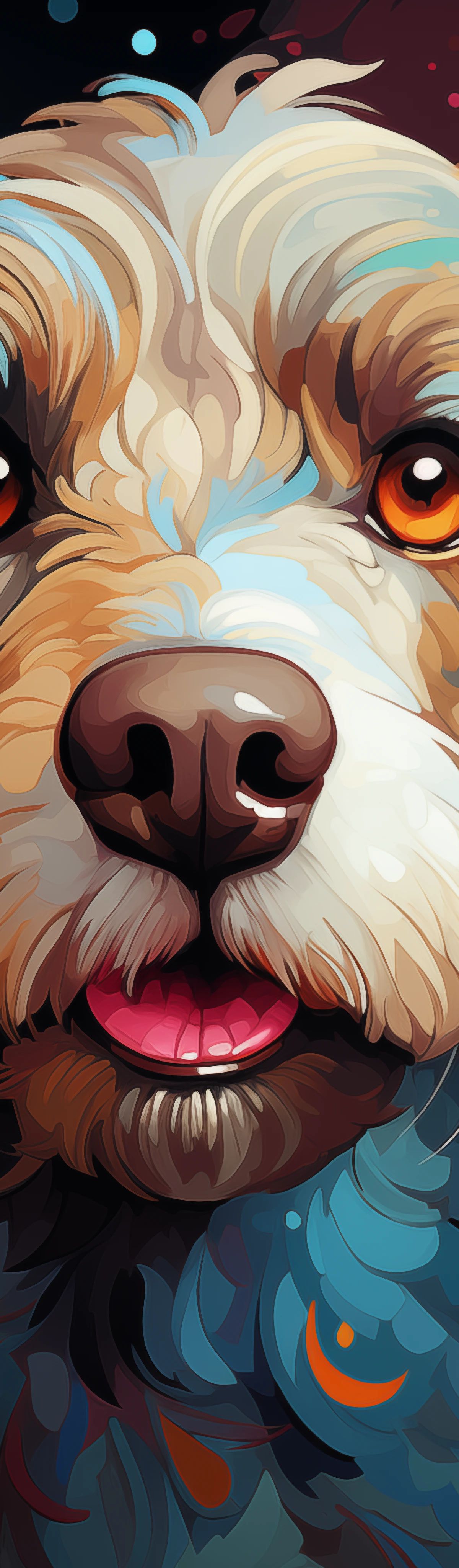 An artistic illustration of a long-haired spaniel dog with warm brown and cream fur, bright orange-amber eyes, and a pink tongue, surrounded by abstract splashes of blue, orange, and yellow colors against a dark background.