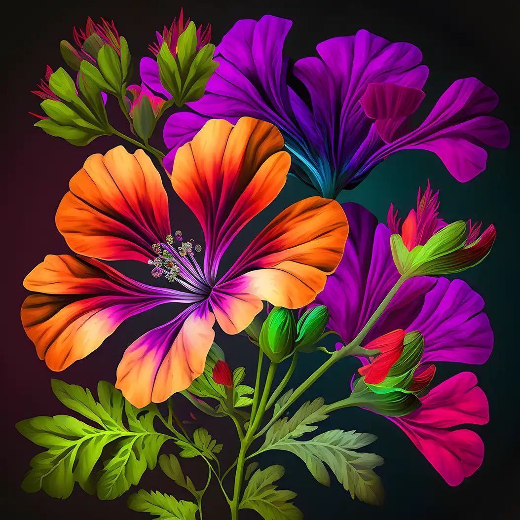 Vibrant cranesbill flowers with rich pink and orange petals on dark background.