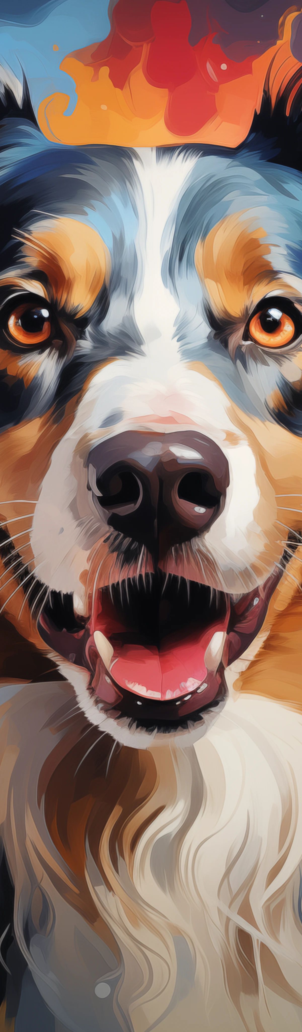 A digital illustration of a dog with black, white, and tan coloring, featuring golden eyes and an open-mouthed smile, surrounded by splashes of pink, orange, blue, and red paint against a gradient background.