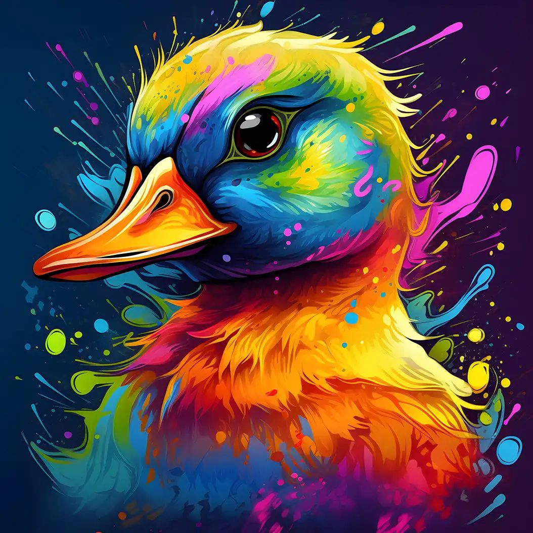 Vibrant colorful portrait of a duckling with glowing feathers and fantasy-style paint splashes.