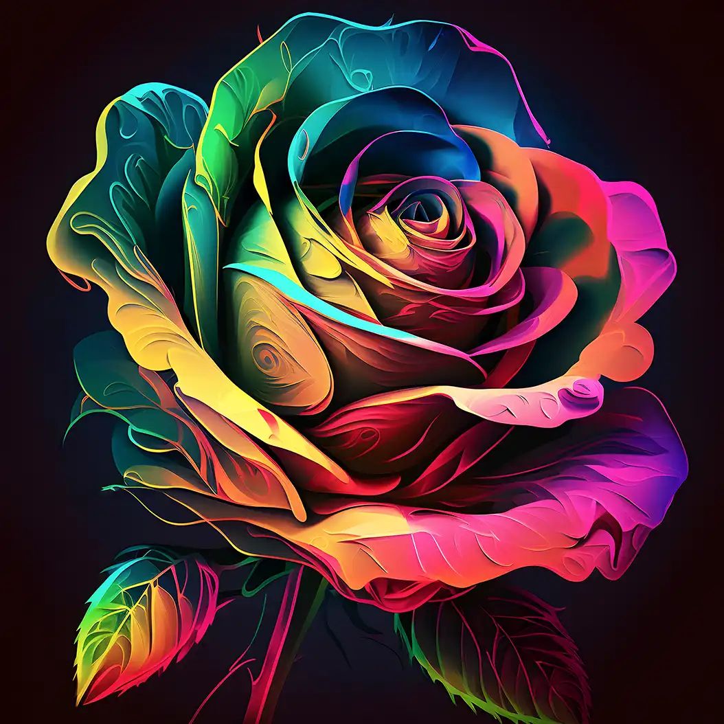Elegant English rose with glowing rainbow petals in a fantasy floral style.