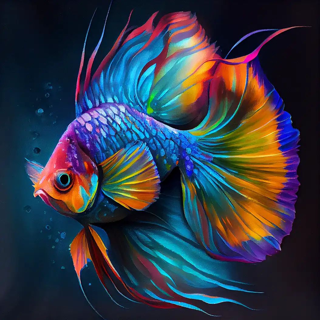 Vibrant tropical fish illustration with glowing fins and colorful aquatic design.