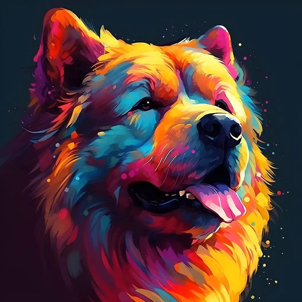 Fluffy Chow Chow portrait with colorful neon fur and vibrant fantasy style.