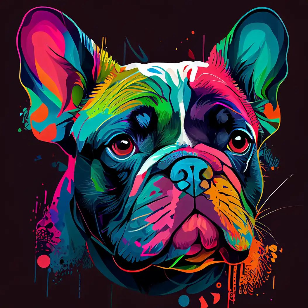Colorful vector portrait of a French Bulldog with vivid neon paint splashes and expressive face.
