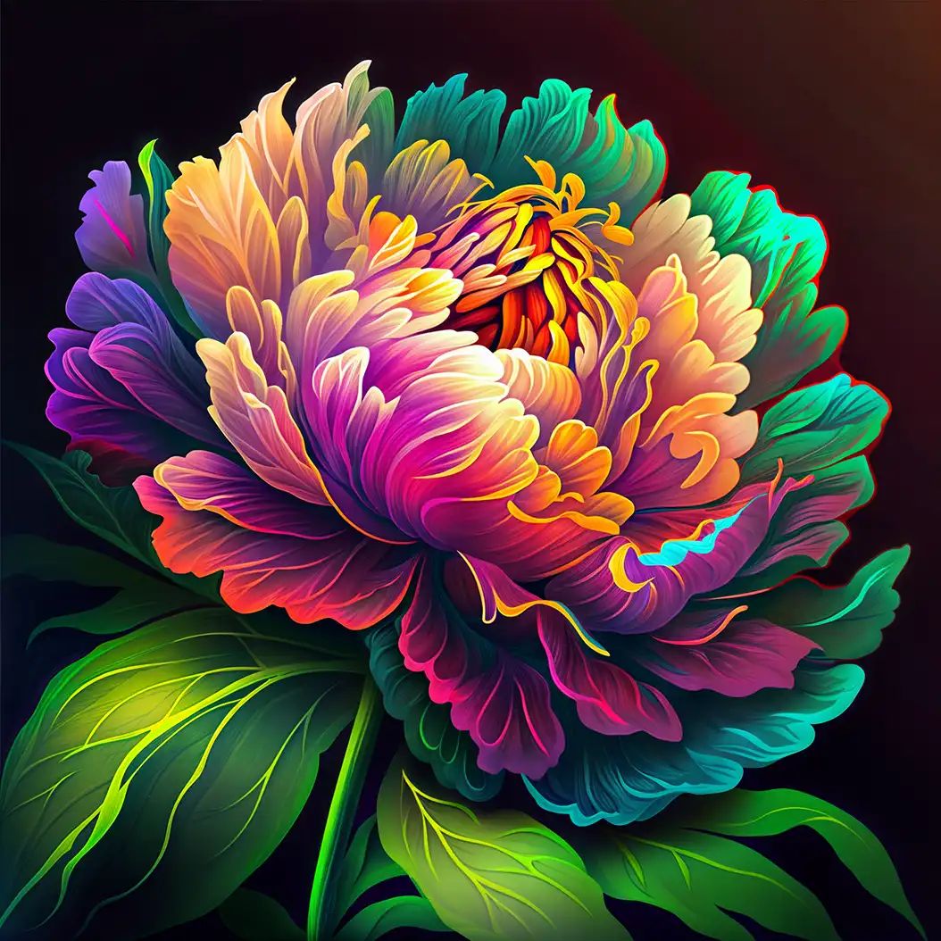 Lush peony flower with vivid multicolor petals and glowing botanical details.