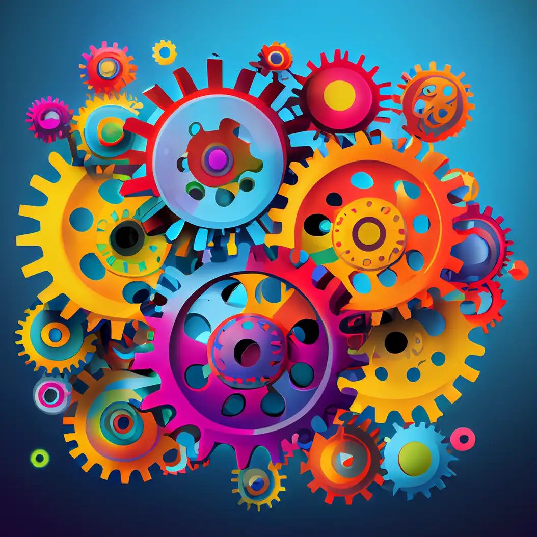 A vibrant cluster of interlocking colorful gears and cogs in red, yellow, orange, pink, and blue set against a blue background.