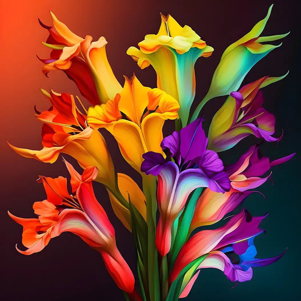 Bright gladioli flower arrangement with vivid rainbow petals and dramatic lighting.
