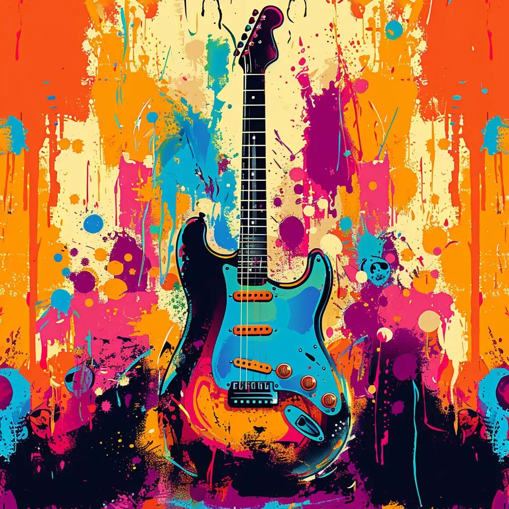 Illustrated electric guitar with black neck and turquoise body surrounded by colorful dripping paint splatters in orange, pink, and teal.