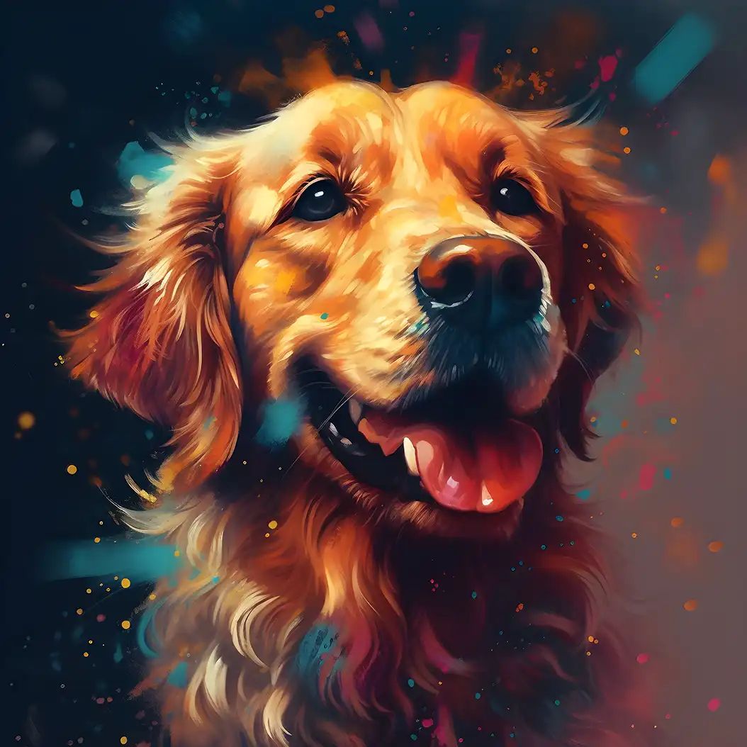 Cheerful Golden Retriever portrait with warm colorful lighting and vibrant fur.