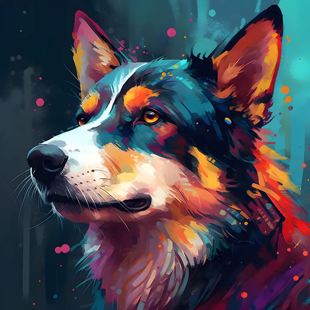 Vibrant husky dog portrait with glowing fur and energetic fantasy colors.