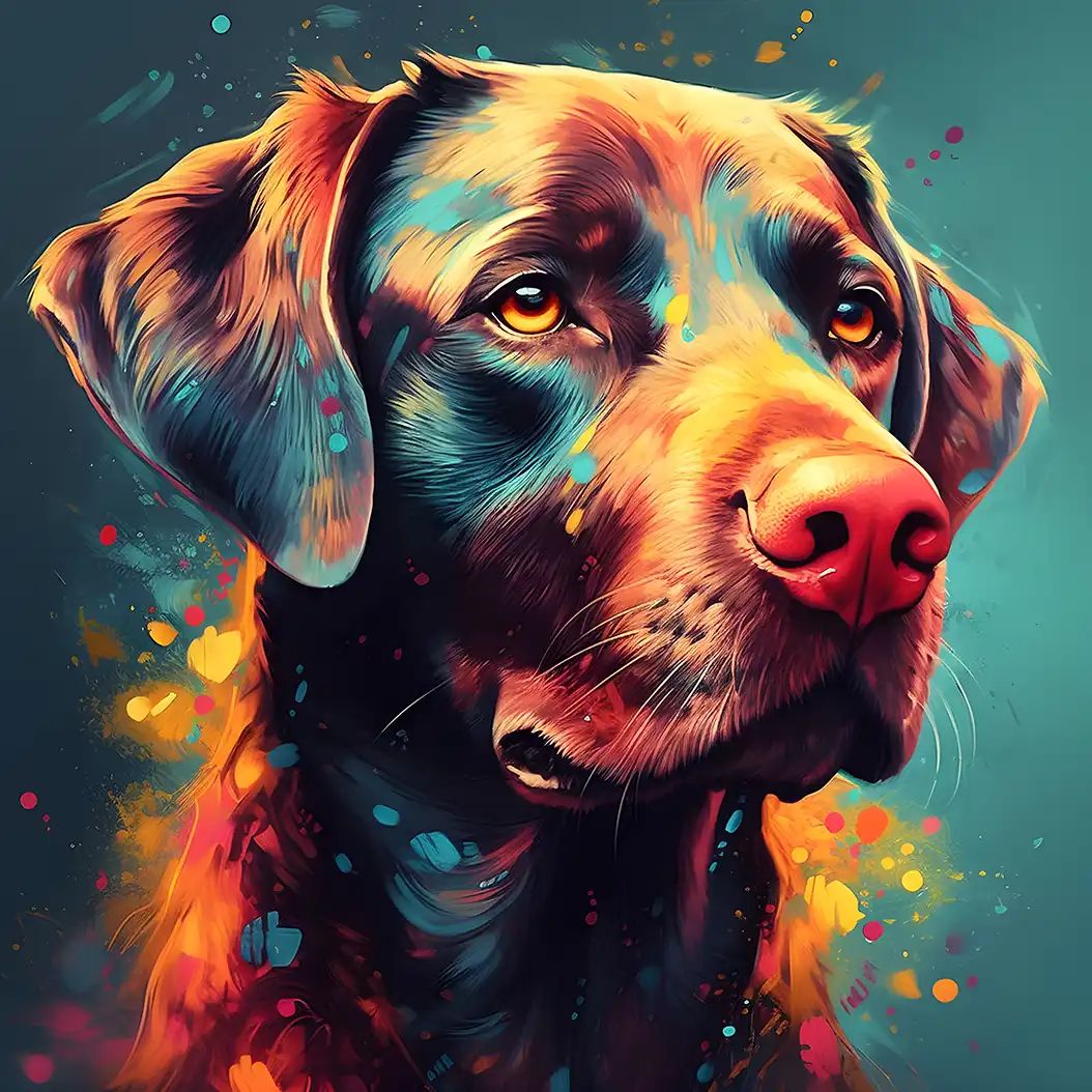 Colorful digital painting of a labrador retriever's face with vivid paint splatter effects in teal, orange, and pink tones.