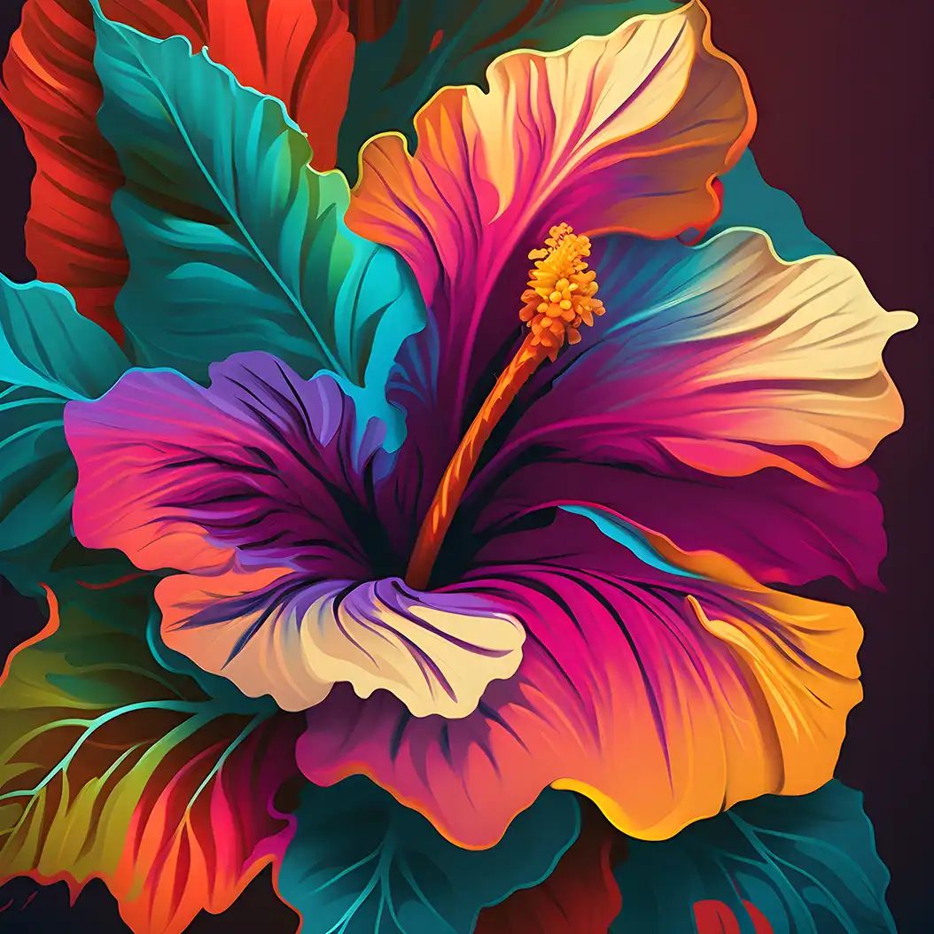 Vivid digital illustration of a hibiscus flower with magenta, orange, and cream petals surrounded by teal and red leaves.