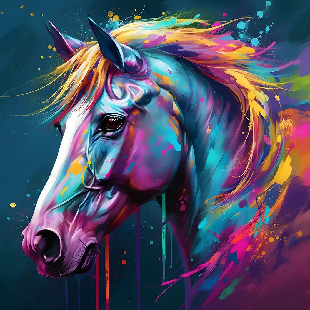 Vibrant fantasy-style unicorn portrait with glowing rainbow mane and neon colors.