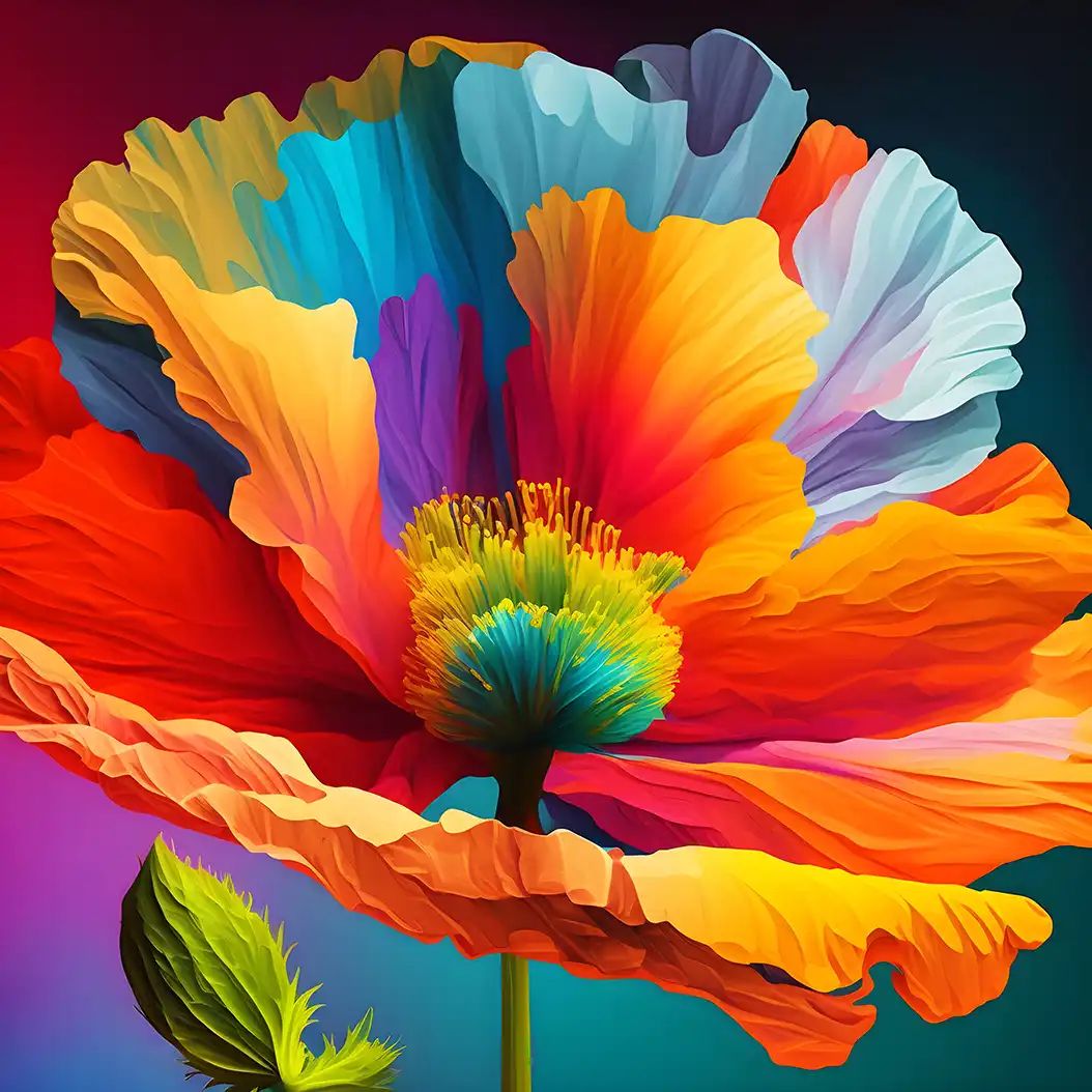 Bright Iceland poppy flower with vivid rainbow petals and glowing center.
