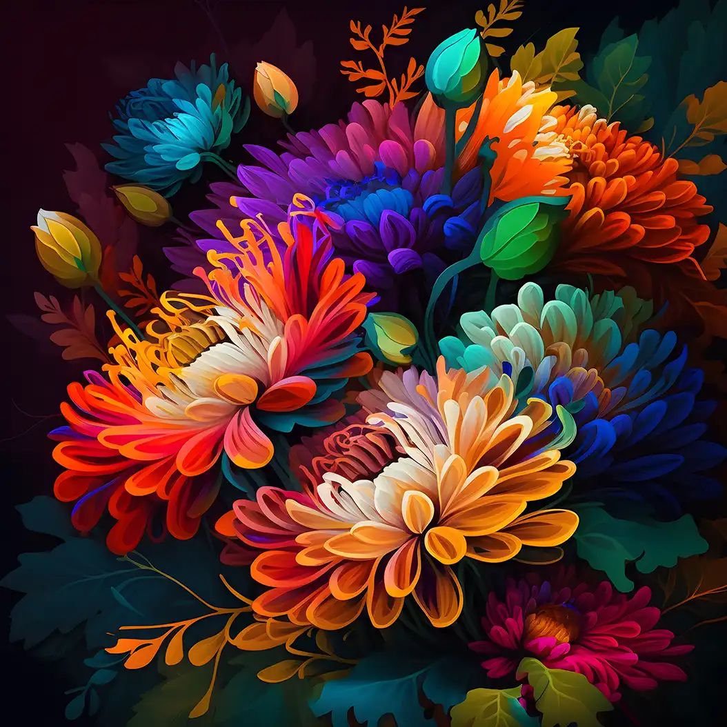 Vibrant bouquet of Italian asters in rich rainbow colors and fantasy lighting.