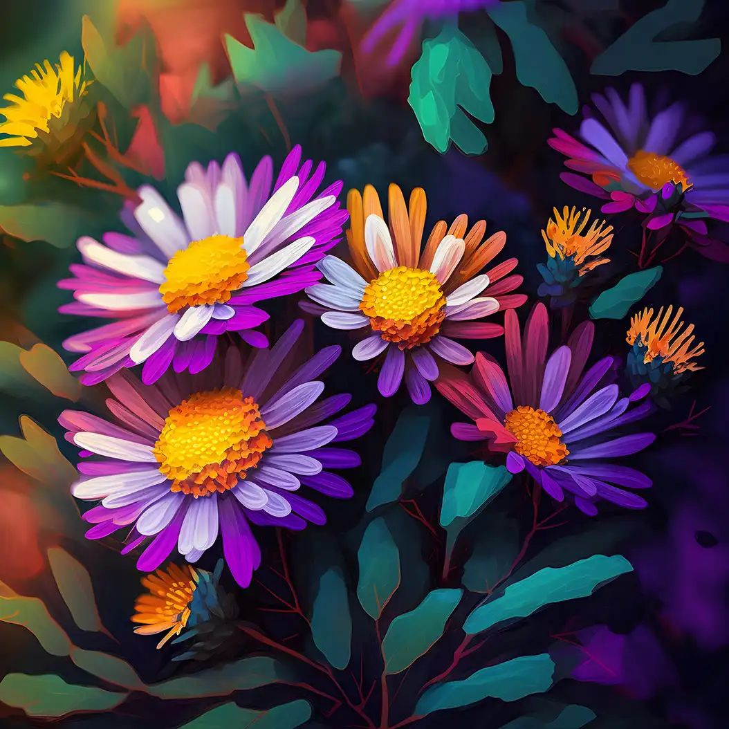 Bright Italian asters with glowing petals in a vibrant floral arrangement.