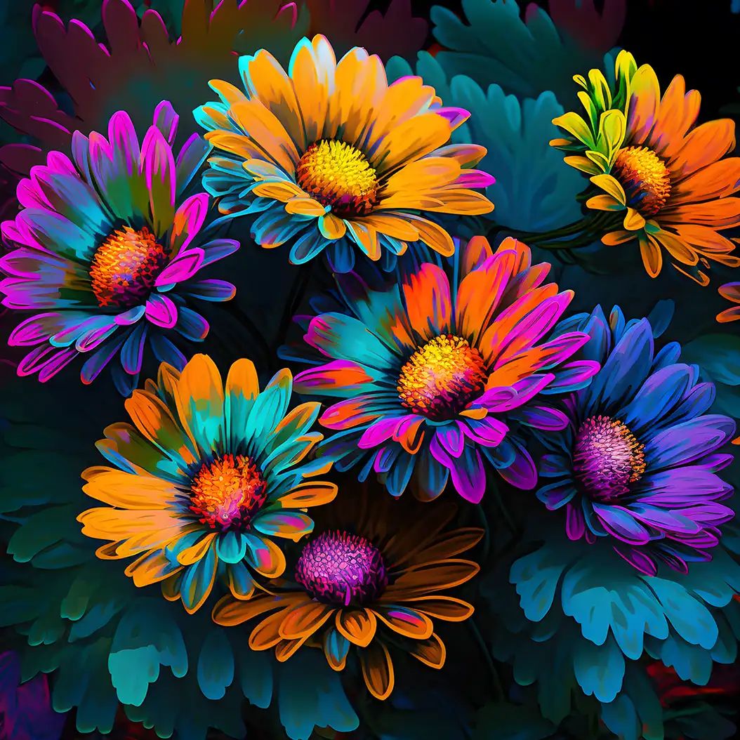 Bold colorful asters bouquet with vivid petals and abstract floral style.