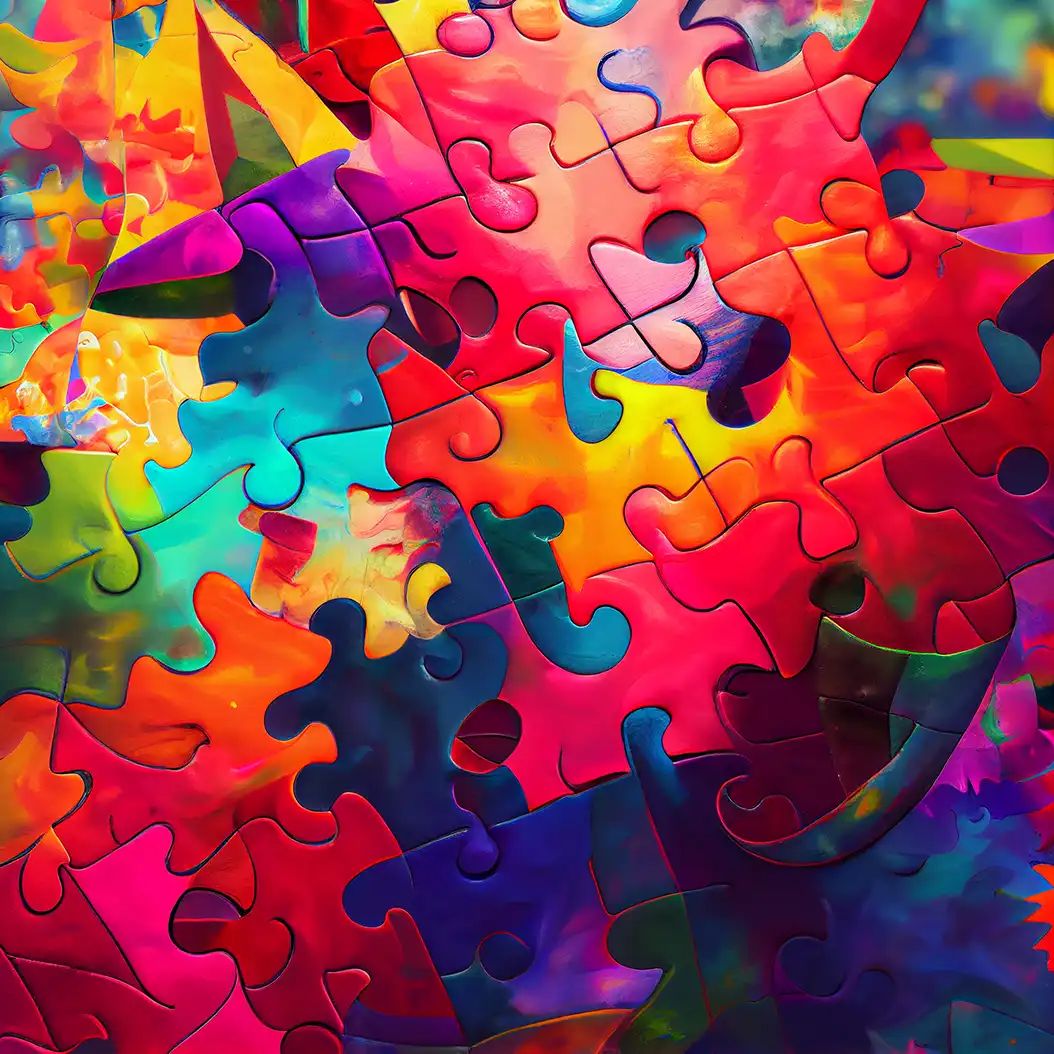 Bright colorful jigsaw puzzle pieces arranged in an abstract vibrant composition.