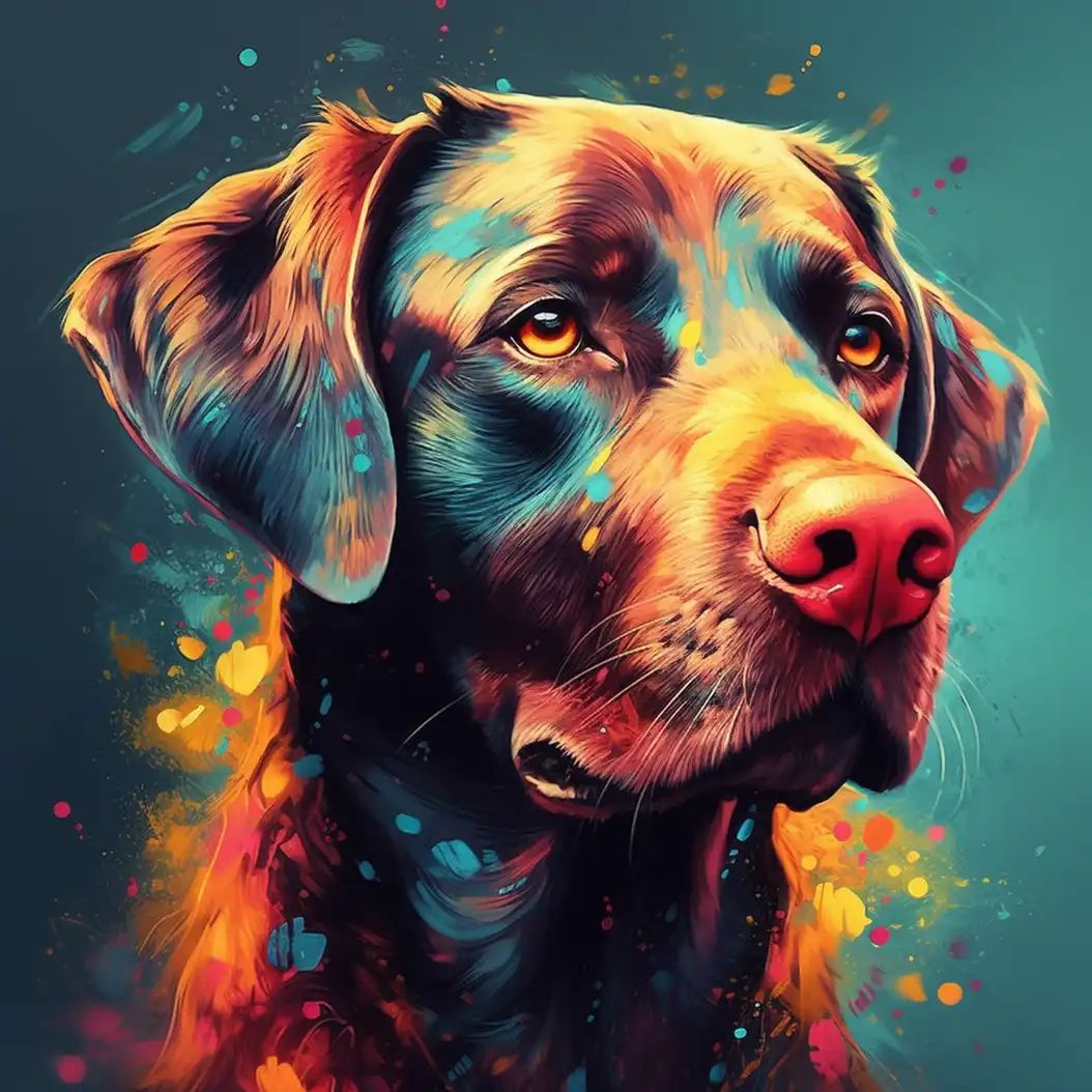 Colorful digital illustration of a labrador retriever's face with vibrant paint splatter effects in teal, orange, and pink tones.