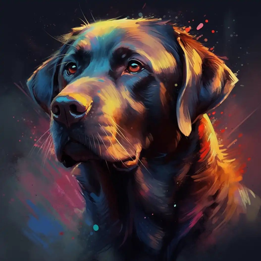 Colorful Labrador Retriever portrait with glowing neon fur and soft dramatic lighting.