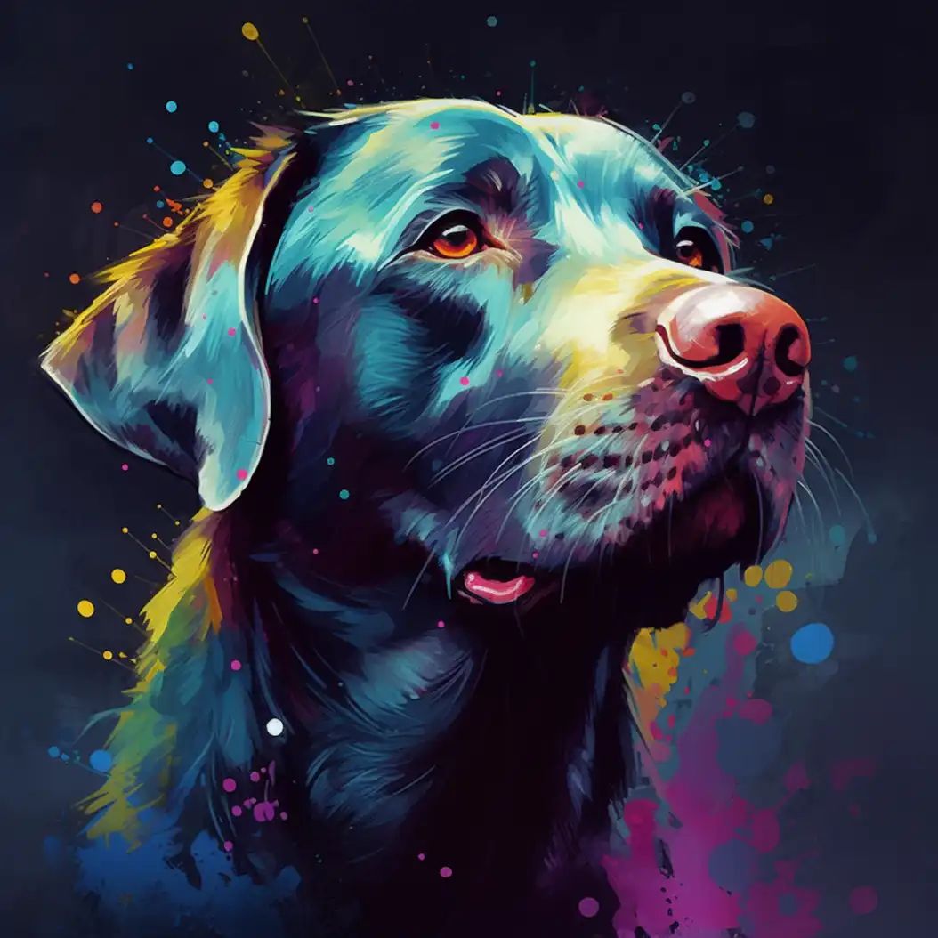 Vibrant portrait of a Golden Labrador Retriever with glowing colorful fur and expressive eyes.