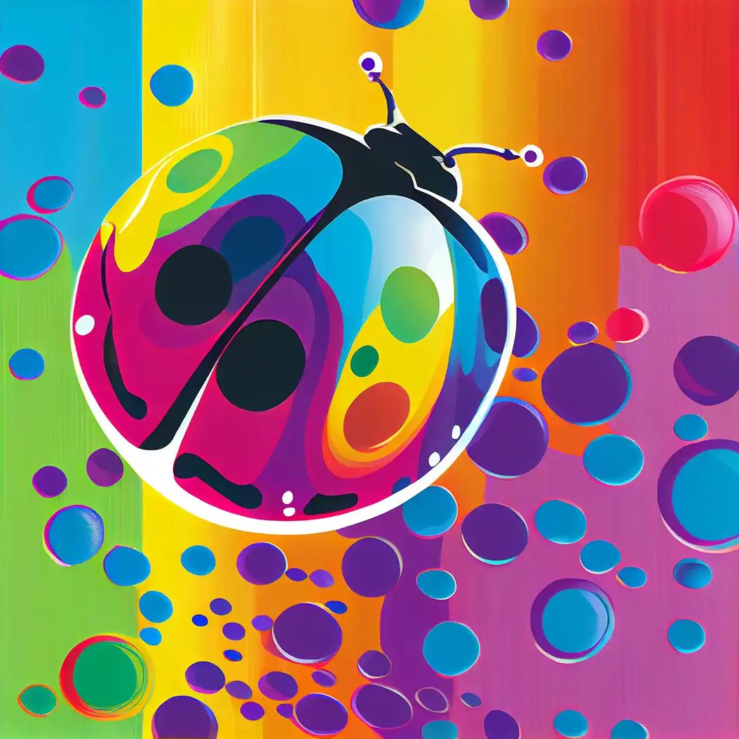 Cute colorful ladybug illustration with vibrant rainbow wings and abstract background.