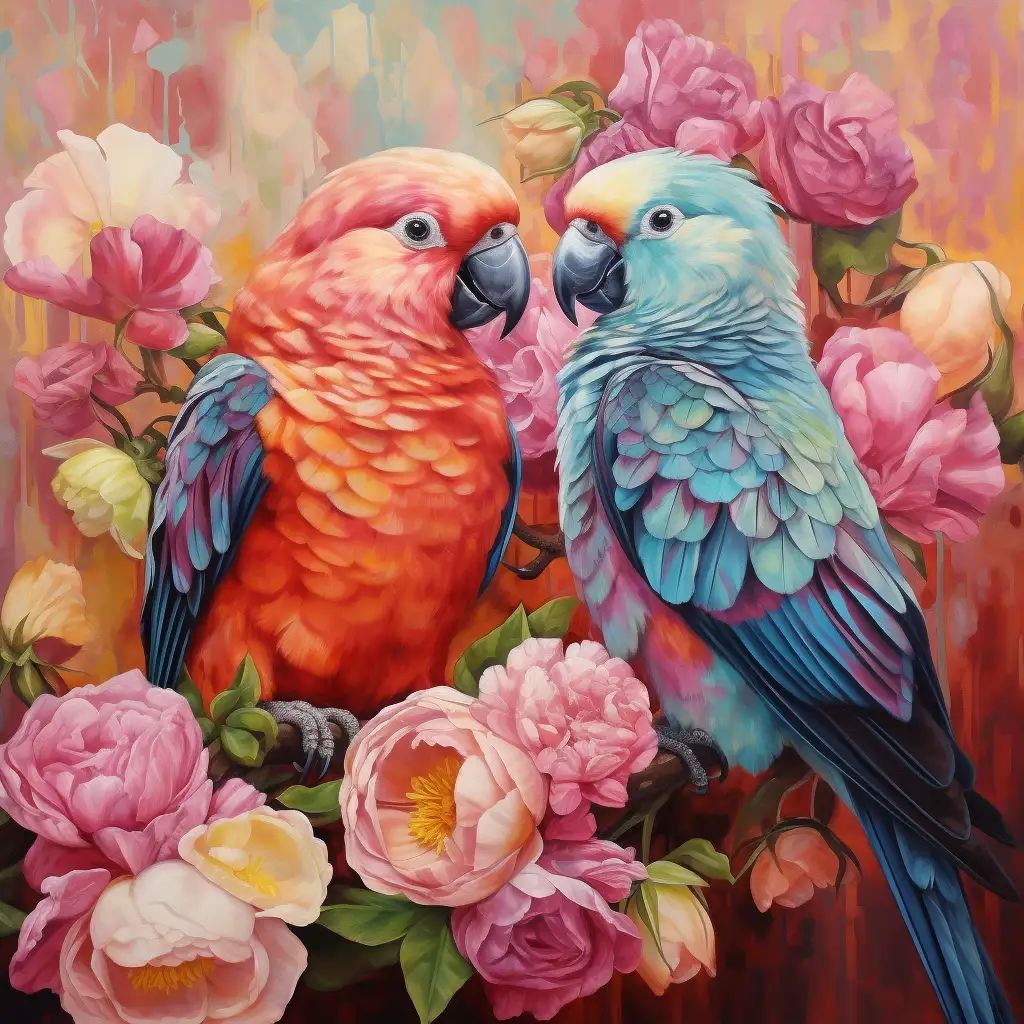Painting of an orange-red parrot and a blue-teal parrot perched side by side among pink peonies and roses.