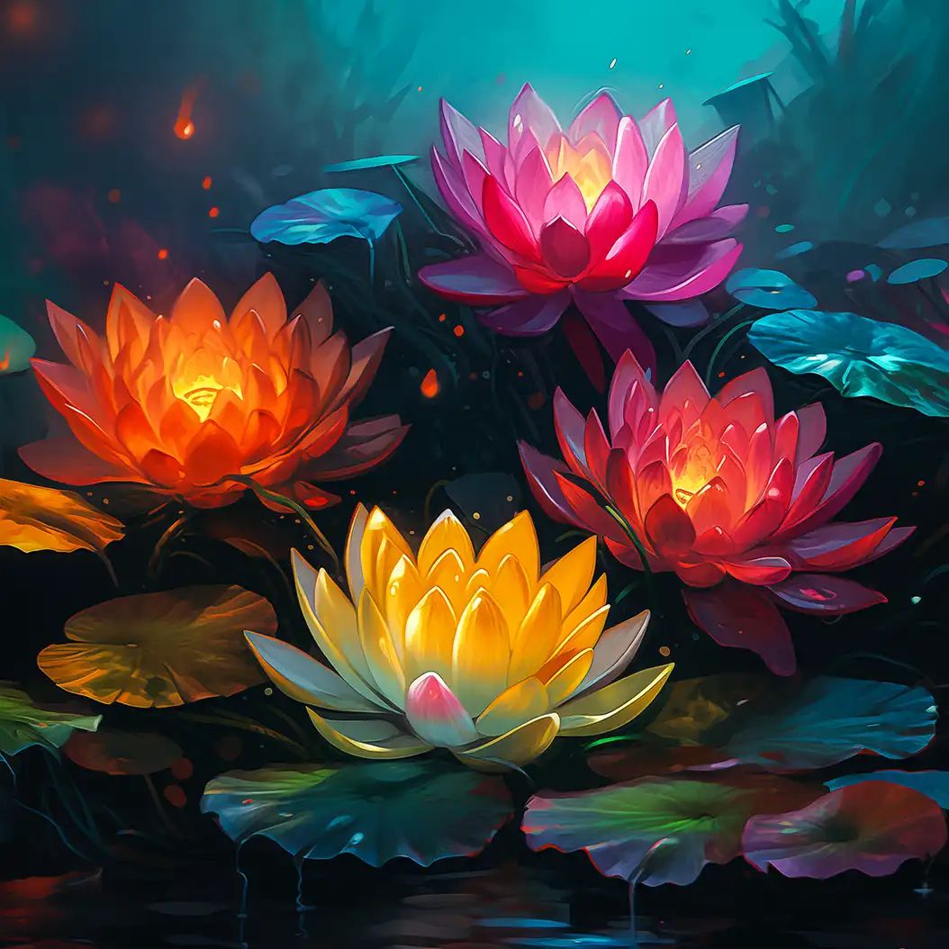 Glowing lotus flowers floating on dark water in a vibrant fantasy scene.