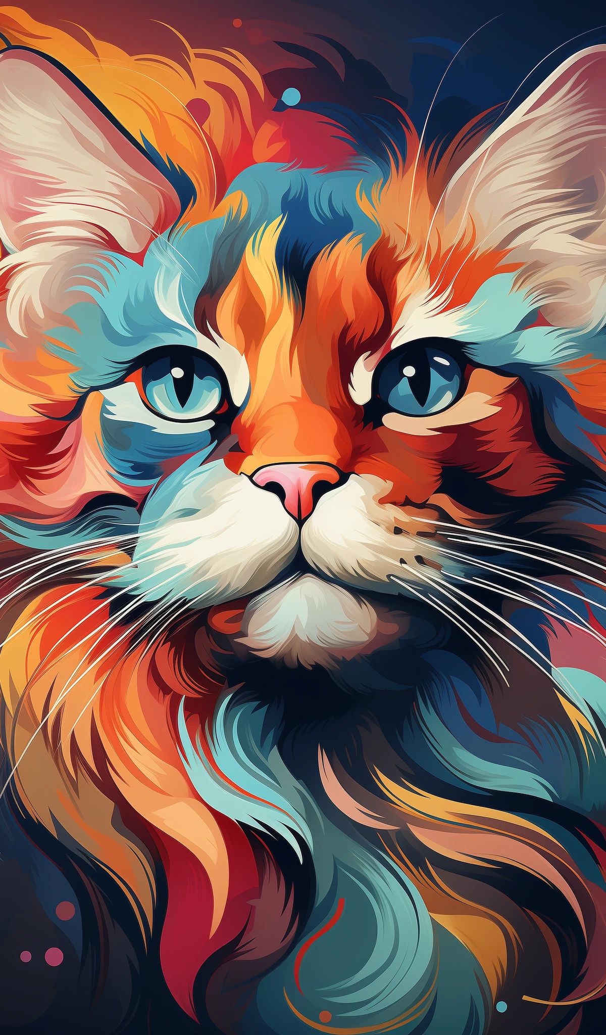A stylized cat face with flowing, multicolored fur in warm and cool tones, featuring blue eyes and prominent whiskers against a dark gradient background.