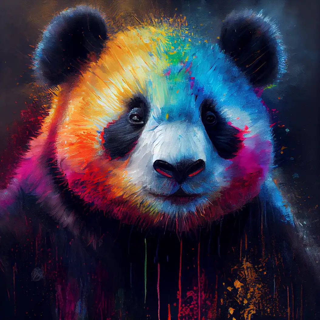 Cute panda portrait with vibrant rainbow fur and glowing fantasy colors.