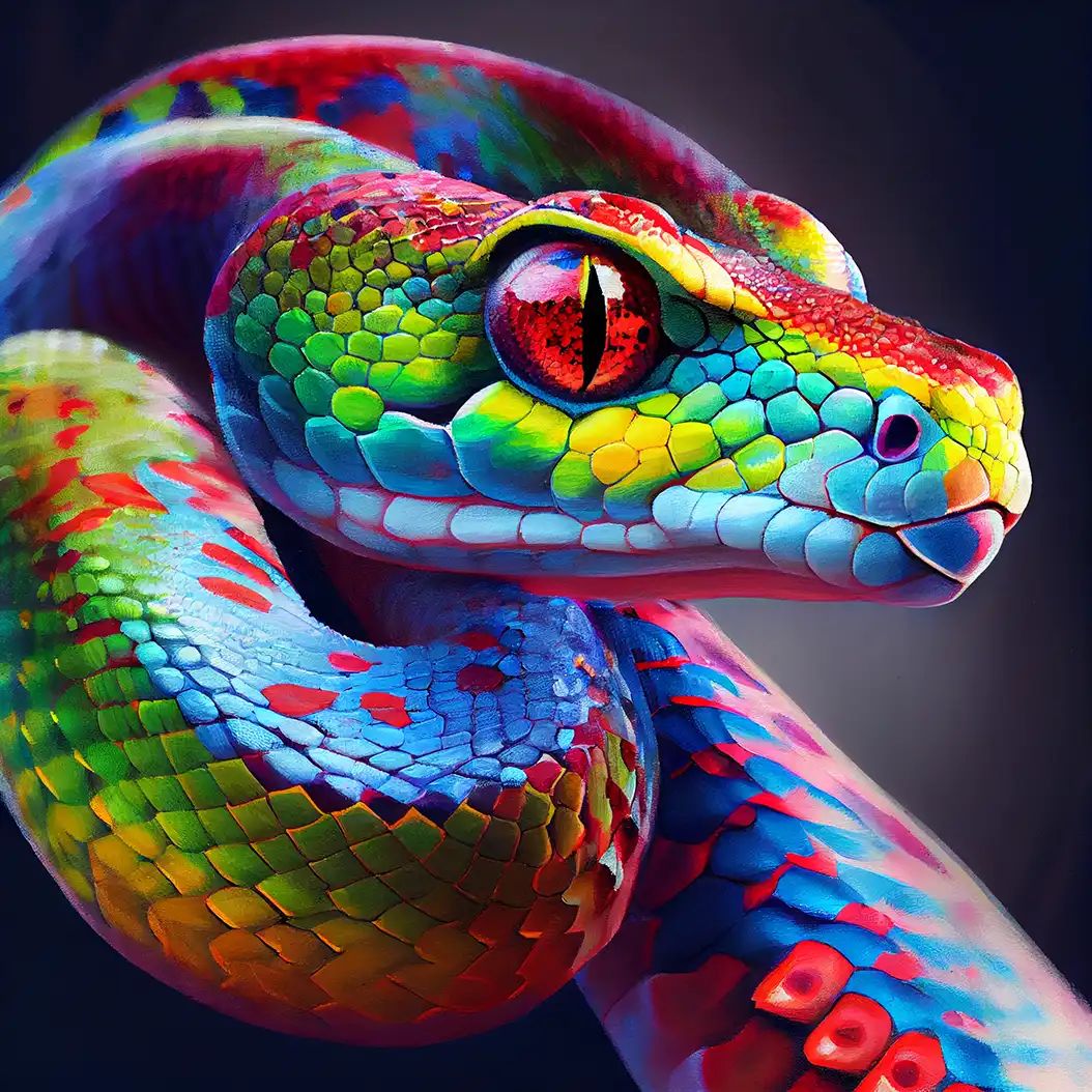 Neon-style snake portrait with vivid scales and glowing reptile eyes.