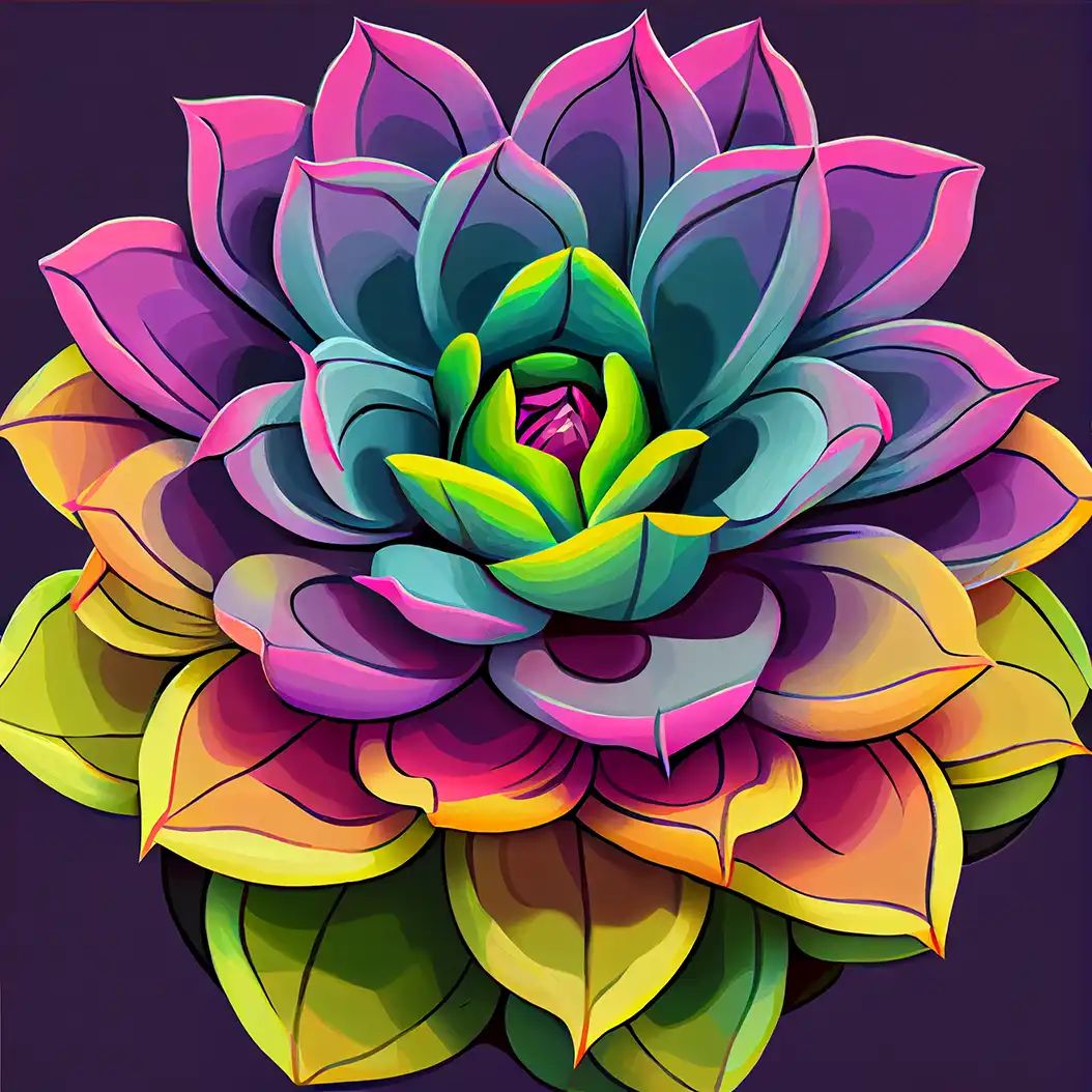 Stylized colorful succulent plant illustration with layered rainbow-toned leaves.
