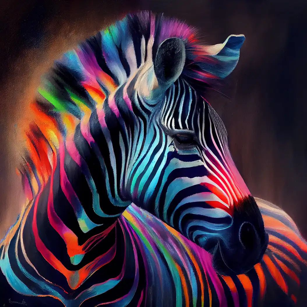 Vibrant zebra portrait with glowing rainbow stripes and abstract background.