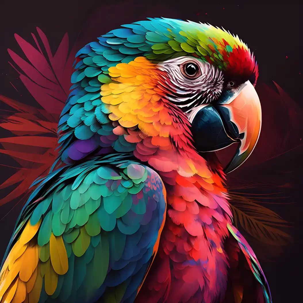 Exotic colorful parrot portrait with vivid tropical feathers and glowing details.