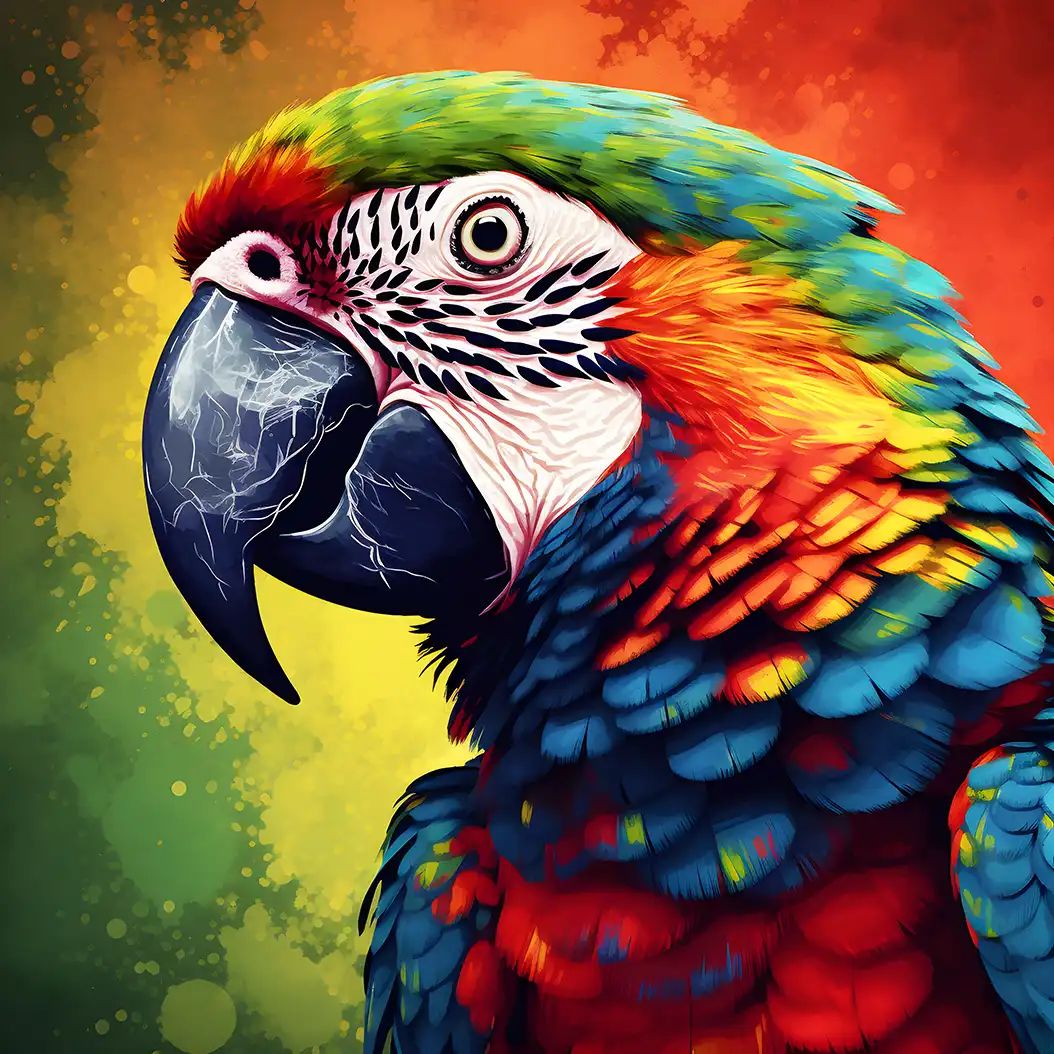 Exotic parrot portrait in colorful fresco realism pop-art style with vivid feathers.
