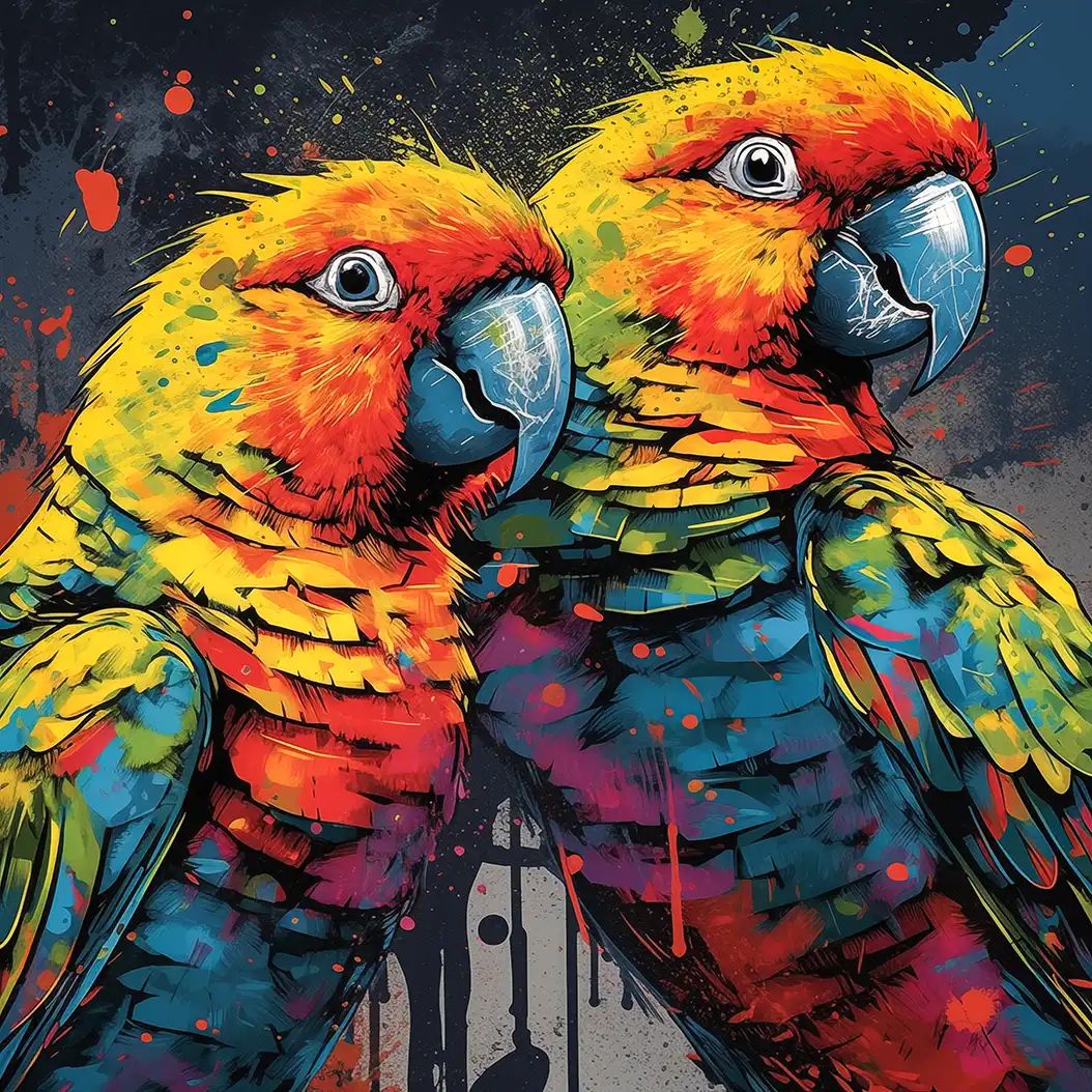 Two vibrantly colored parrots with red, yellow, and blue feathers, rendered in an artistic paint-splattered style against a dark background.