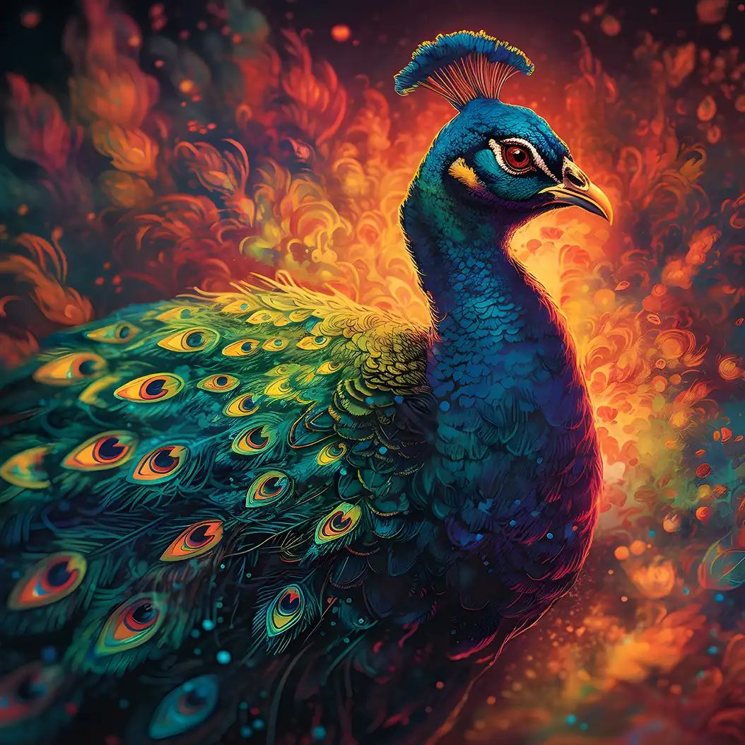 Regal peacock portrait with vibrant glowing feathers and dramatic fantasy colors.
