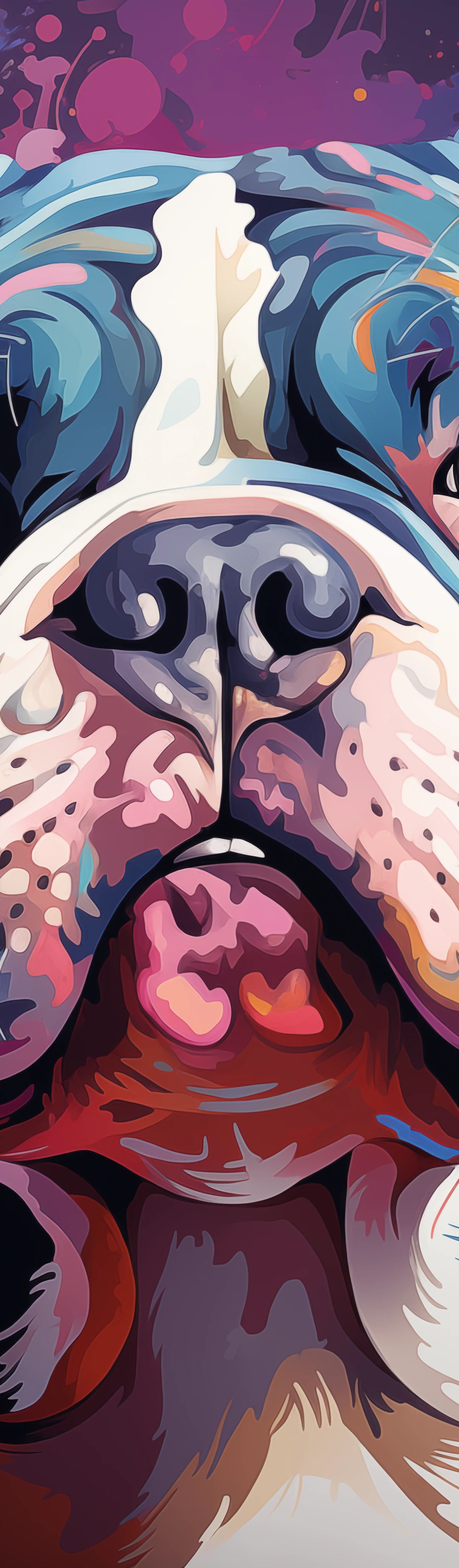 A colorful pop art style portrait of a bulldog with striking orange eyes, rendered in vibrant blues, pinks, oranges, and whites against a purple and magenta splattered background
