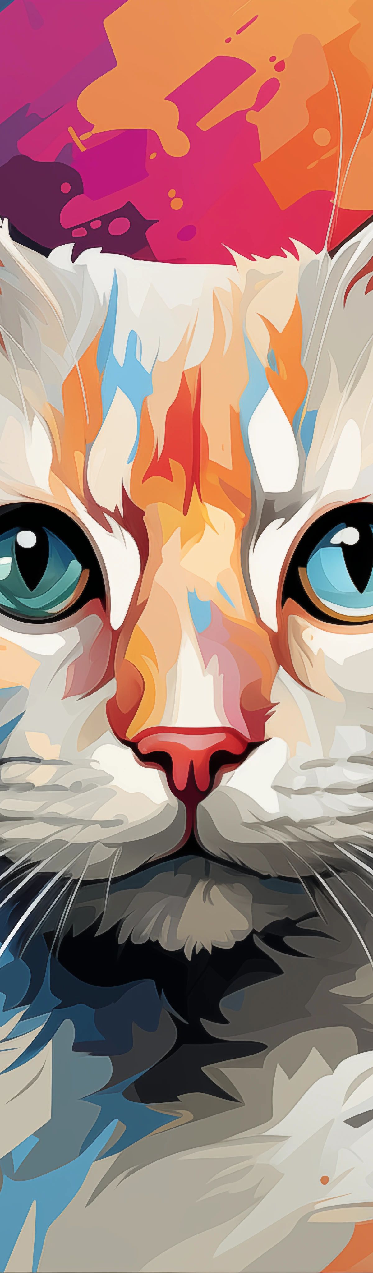 A colorful pop art style portrait of a white and orange cat with blue eyes against a vibrant multicolored background of blues, oranges, reds, and purples.