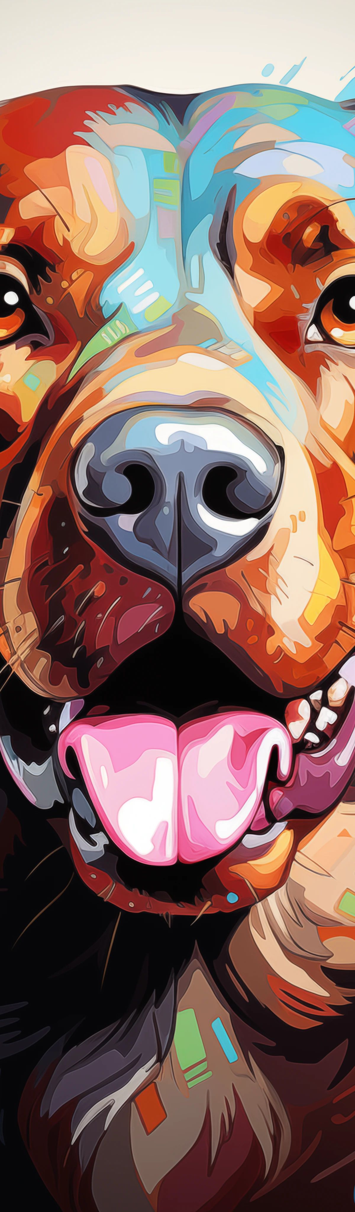 A colorful pop art style portrait of a happy dog with its tongue out, surrounded by vibrant paint splashes in orange, blue, pink, and yellow against a light background