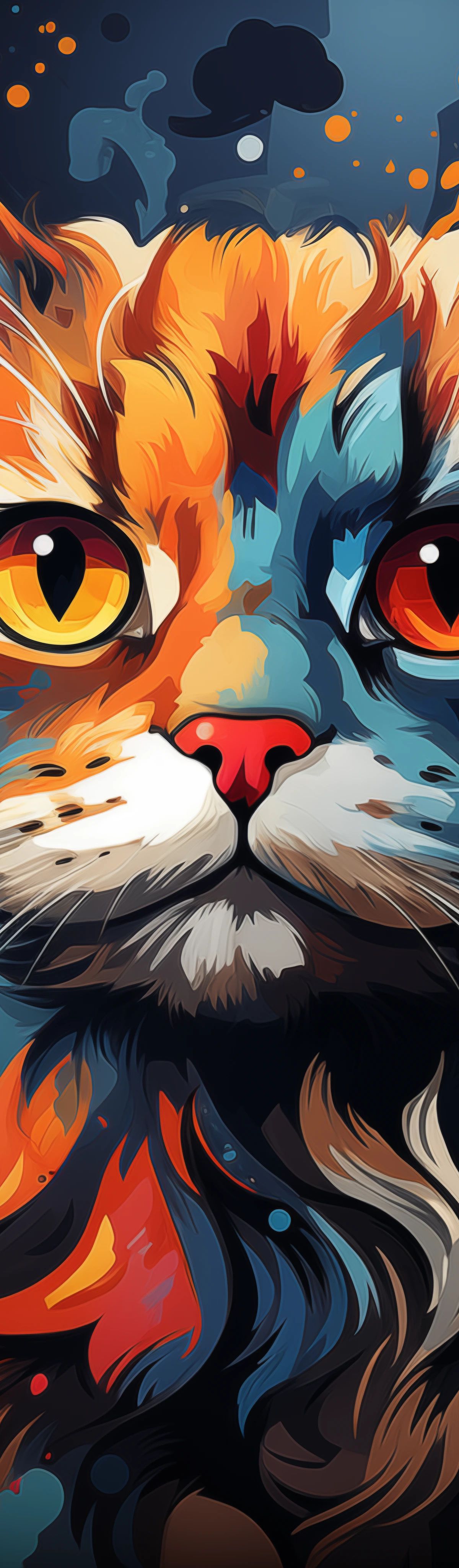 A colorful digital illustration of a long-haired Siberian cat with striking amber eyes, rendered in vibrant orange, blue, red, and cream colors with an artistic, pop art style against a dark background