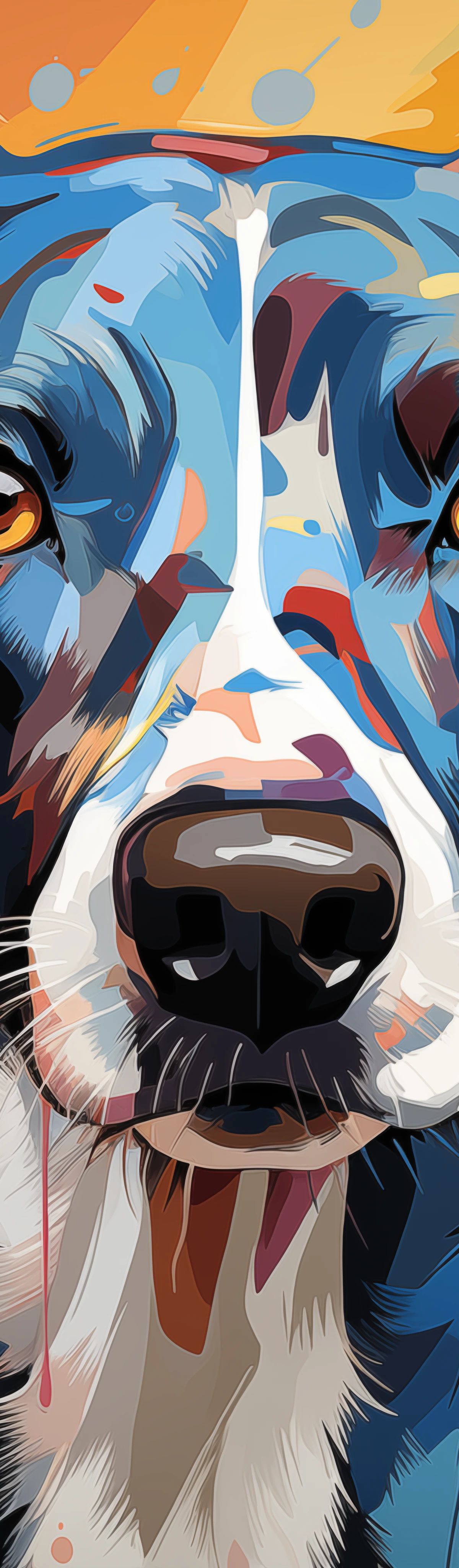 A colorful pop art style portrait of a dog with blue, black, and white markings, golden-yellow eyes, and a dynamic multicolored background featuring orange, yellow, blue, red, and pink tones with decorative dots