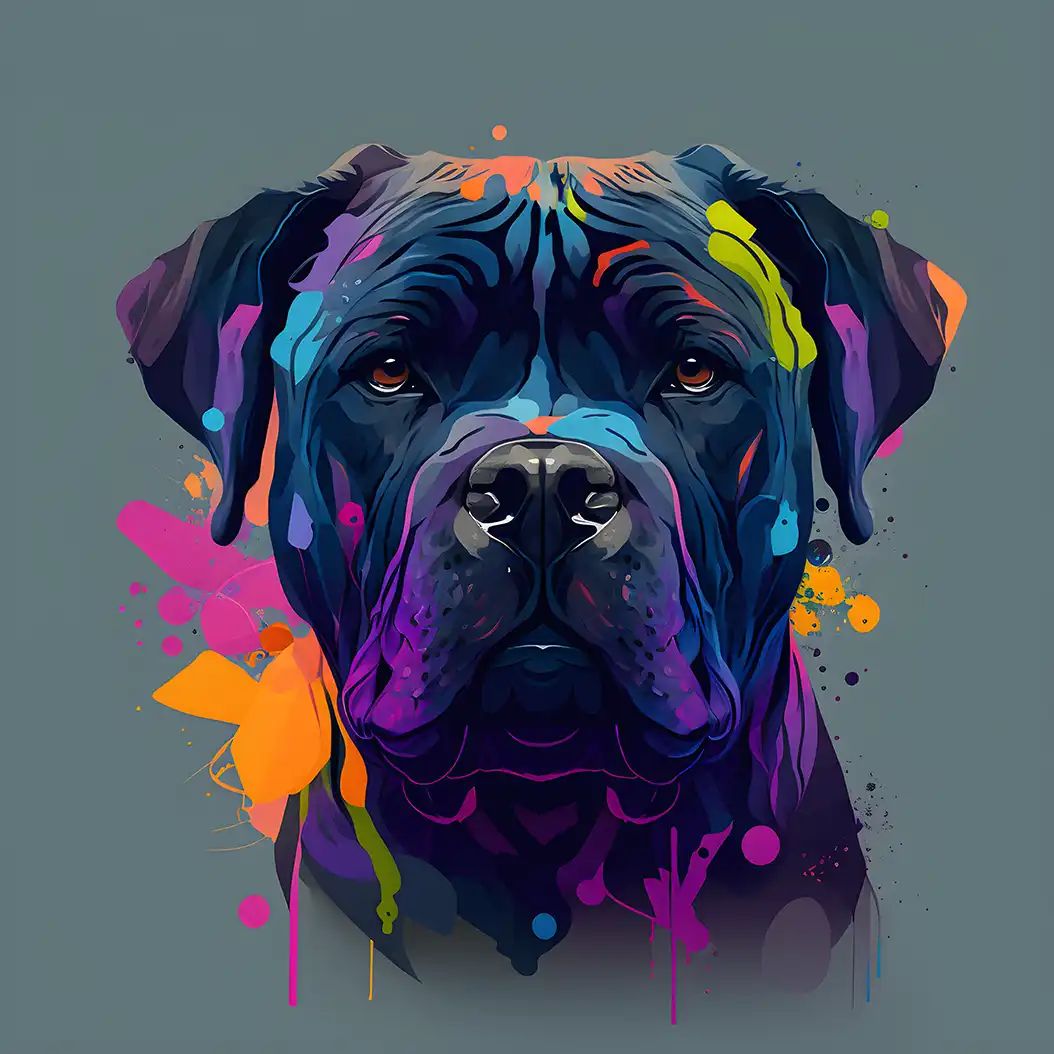 Bold colorful portrait of a Cane Corso dog with dramatic neon-style paint effects.